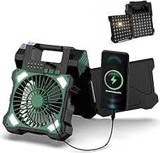 Solar Fan, 5200 mAh, Camping Fan, 4 Levels of Airflow, Portable Fan with Light, 3 Levels of Light, 3 Levels of Timer, 5 V 2 Ausb Charging, Solar Charging, Circulator, Tabletop, Outdoor,