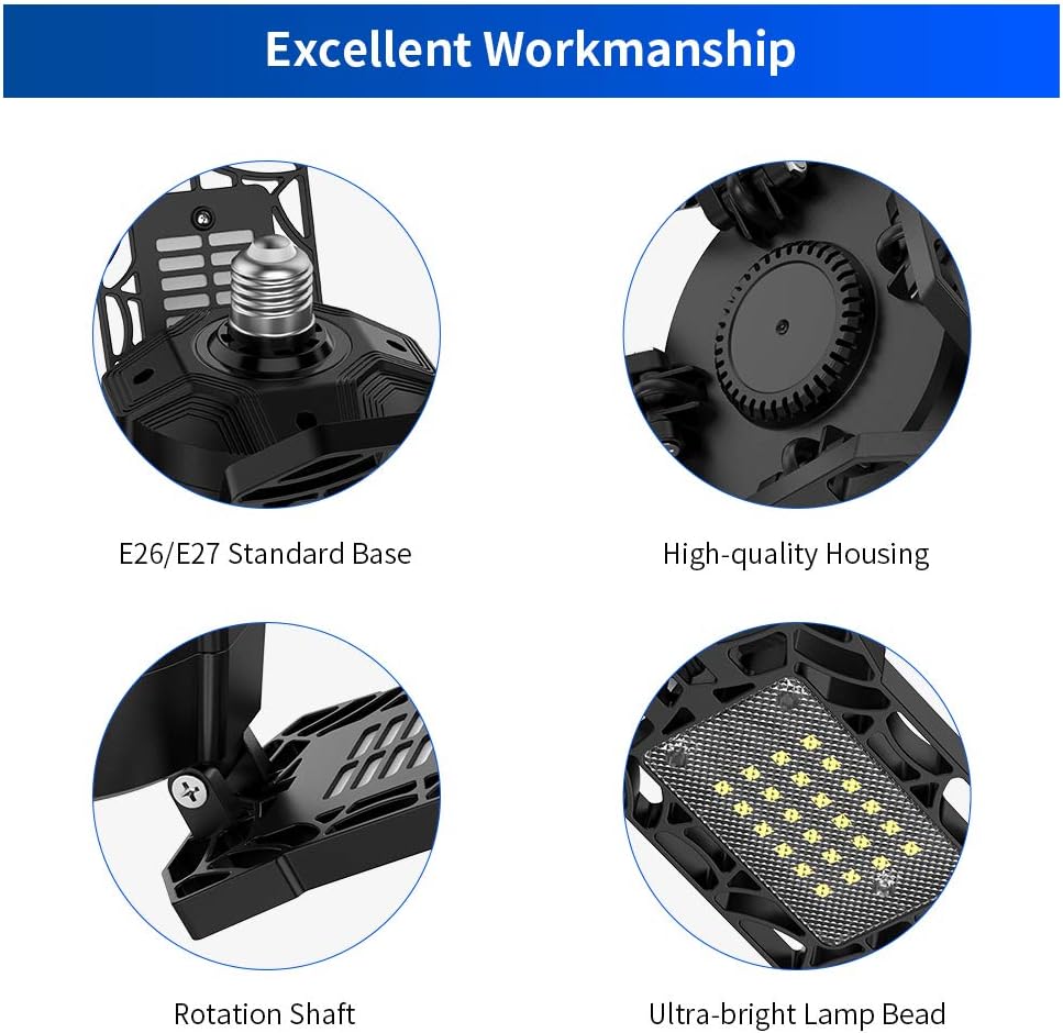 120W LED Garage Lights 2 Pack - 12000LM 6500K Deformable LED Garage Ceiling Lighting Fixture with 4 Adjustable Panels - E26/E27 LED Light for Garage,Basement,Shop, Workshop, Barn, Warehouse, Yard