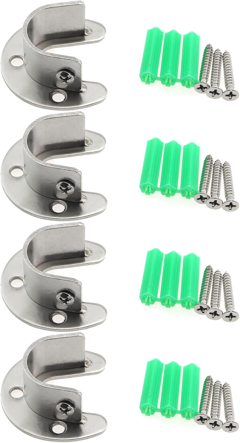 4PCS 1 Inch Internal Diameter Stainless Steel Wardrobe Rail End Support Multipurpose Flange Base Curtain Rod Holder with Green Rubber Stopper and Screws
