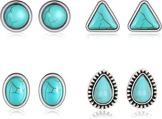 Dreuyet Turquoise Stud Earrings Set for Women Handmade Gemstone Oval Round Flower Cut Shape Square Studs Earrings Boho Turquoise Earrings Trendy Jewelry