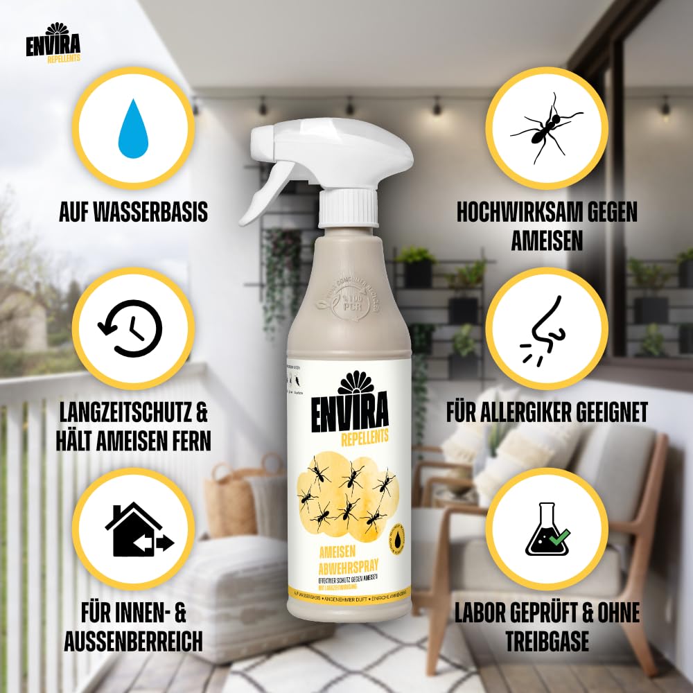 Envira Ameisenspray 500 ml + 2 x 5 Liter - gegen Wegameisen & Pharaoameisen | Ameisen Spray mit Langzeitwirkung für Wohnung, Balkon, Terrasse und Garten - zuverlässiges Ameisenmittel
