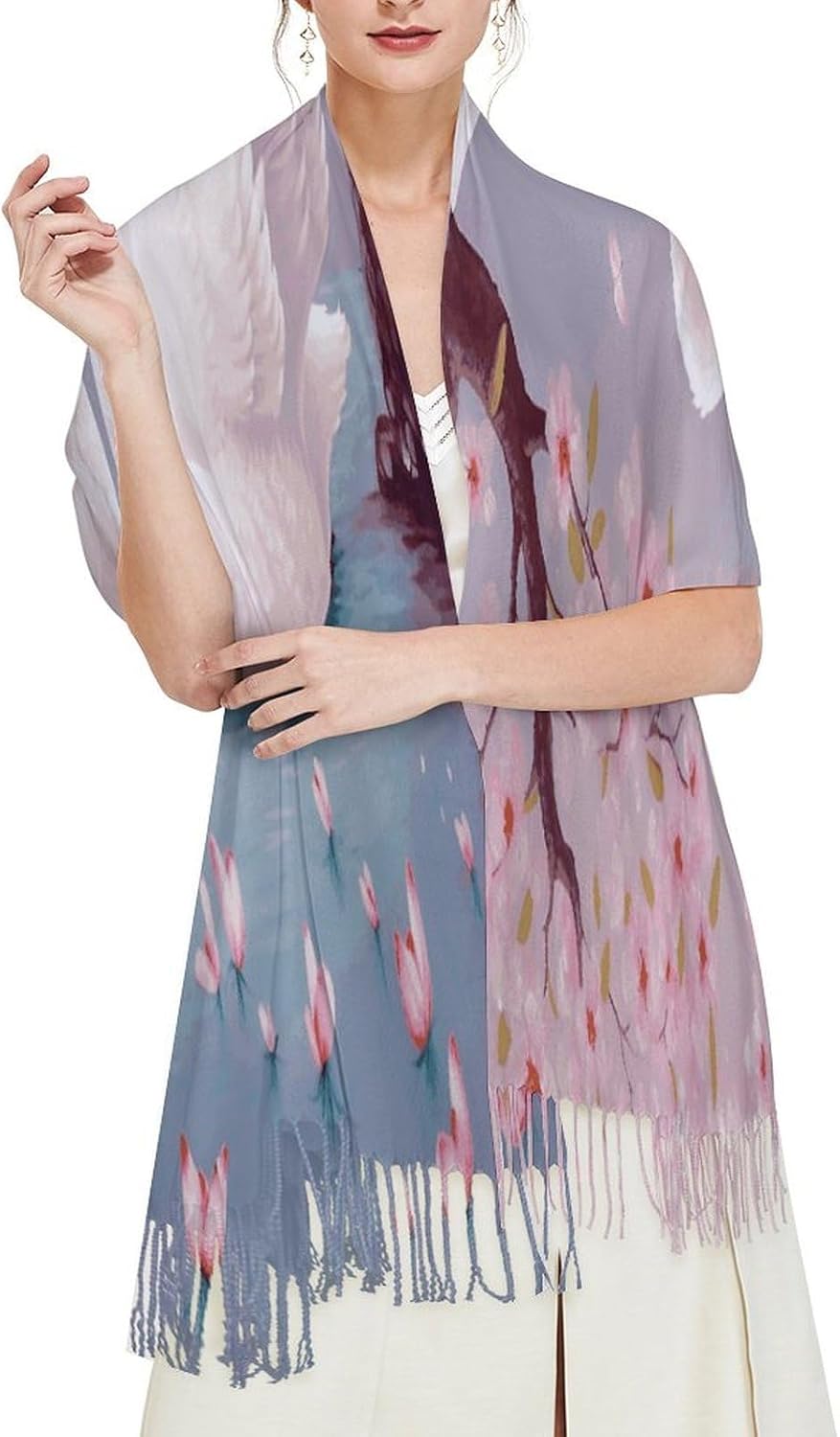 White Swans with Pink Floral Tree Scarf for Women Men Soft Warm Fashion Blanket Scarves Classic Cashmere Feel Scarf Long Shawl Large Scarves Cold Weather Thick Blanket Scarfs