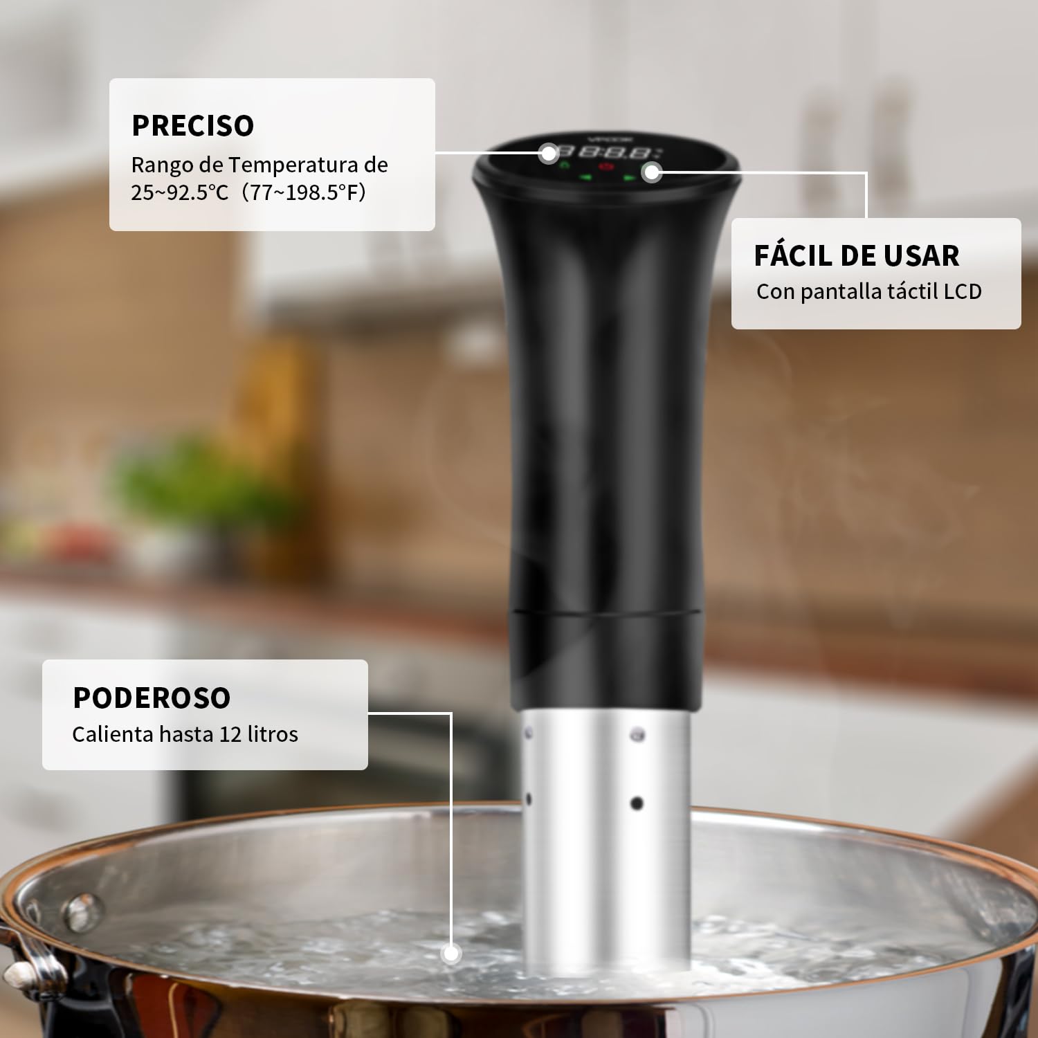 Vpcok Direct - Sous Vide Aparato de Cocina Precisión, 770W, Pantalla Táctil Inteligente, Temporizador, Cocinero Circulador, Máquina de Cocción al Vacío de Acero Inoxidable, Recetario
