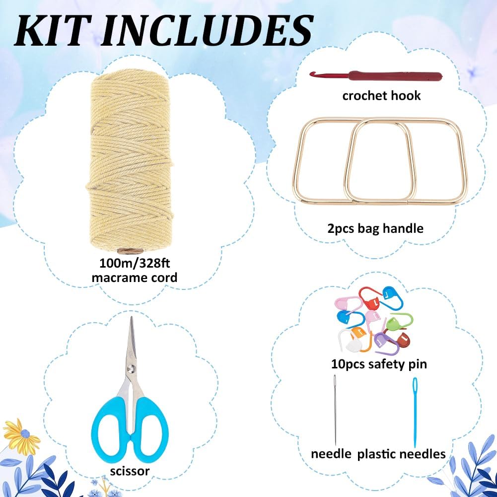 BEUNITONE DIY Flower Bag Kit for Beginners Yellow Crochet Flower Bag for Women Boho Handbag Making Kit Handmade Macrame Tote Bag Kit Crochet Kits for Summer Beach with Instructions