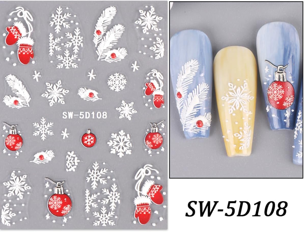 Christmas Nail Art Stickers 5D Embossed Nail Decals Cane Glove Snowflakes Design Lantern Nail Stickers Acrylic Accessories Nail Supplies for Women DIY Christmas Decorations 2 Sheets image 5