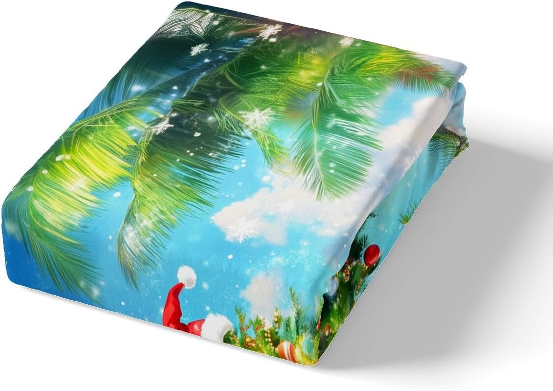 Hawaii Beach Duvet Cover Set Queen,Christmas Tree Snowman Bedding Set Kids Girls Boys Room Decor,Ocean Xmas Theme Comforter Cover 3Pcs,Palm Tree Coast Merry Christmas Bedspreads Cover,2 Pillowcases