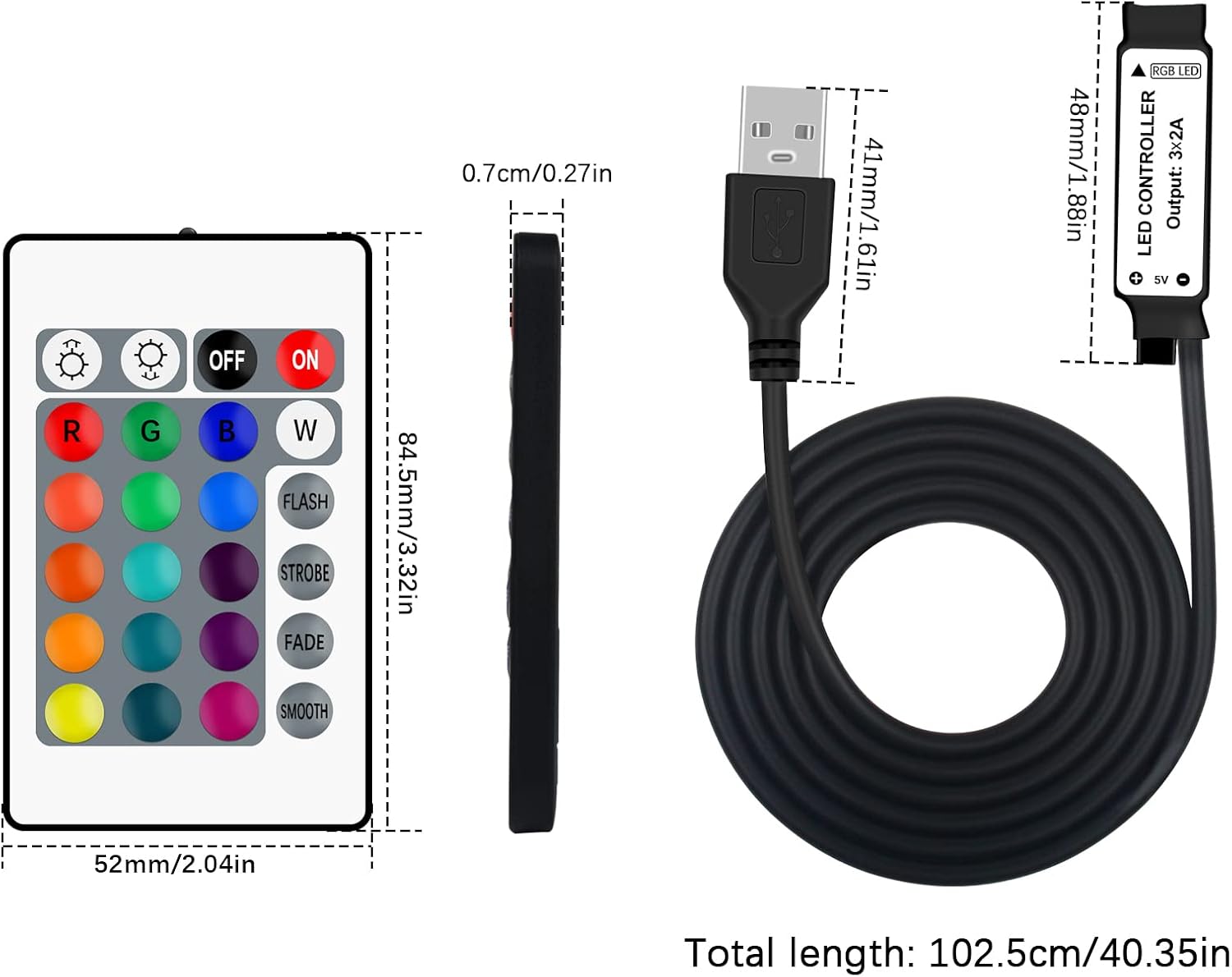 VIPMOON 1M USB DC 5V Inline IR Controller with 24 Key Wireless Controller for 5050 3528 RGB LED Light Strip