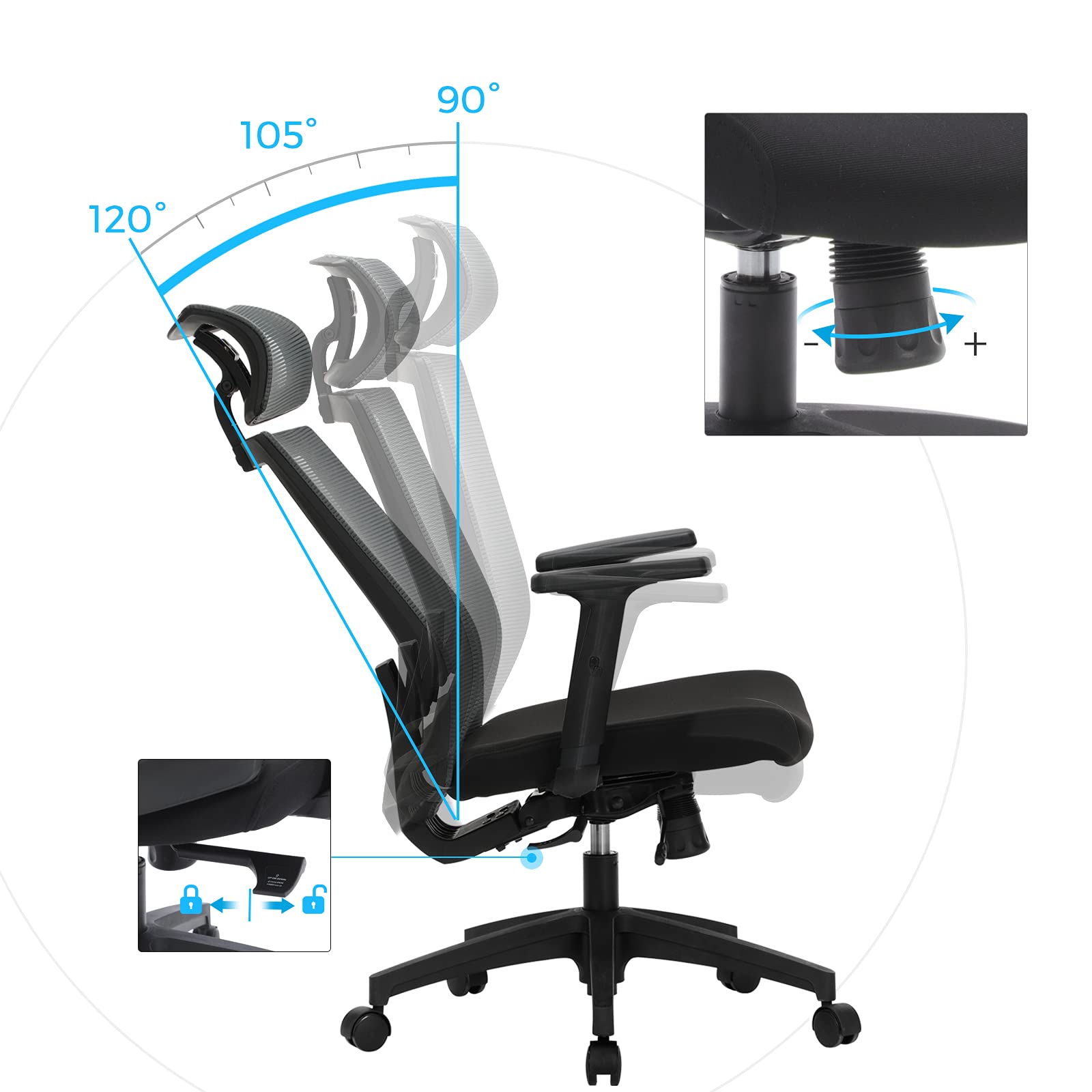 SONGMICS Silla de Oficina de Malla, Silla de Escritorio, Giratorio de 360°, Soporte Lumbar Ajustable, Apoyacabezas y Apoyabrazos, Inclinación del Respaldo hasta 120°, Gris OBN55BG