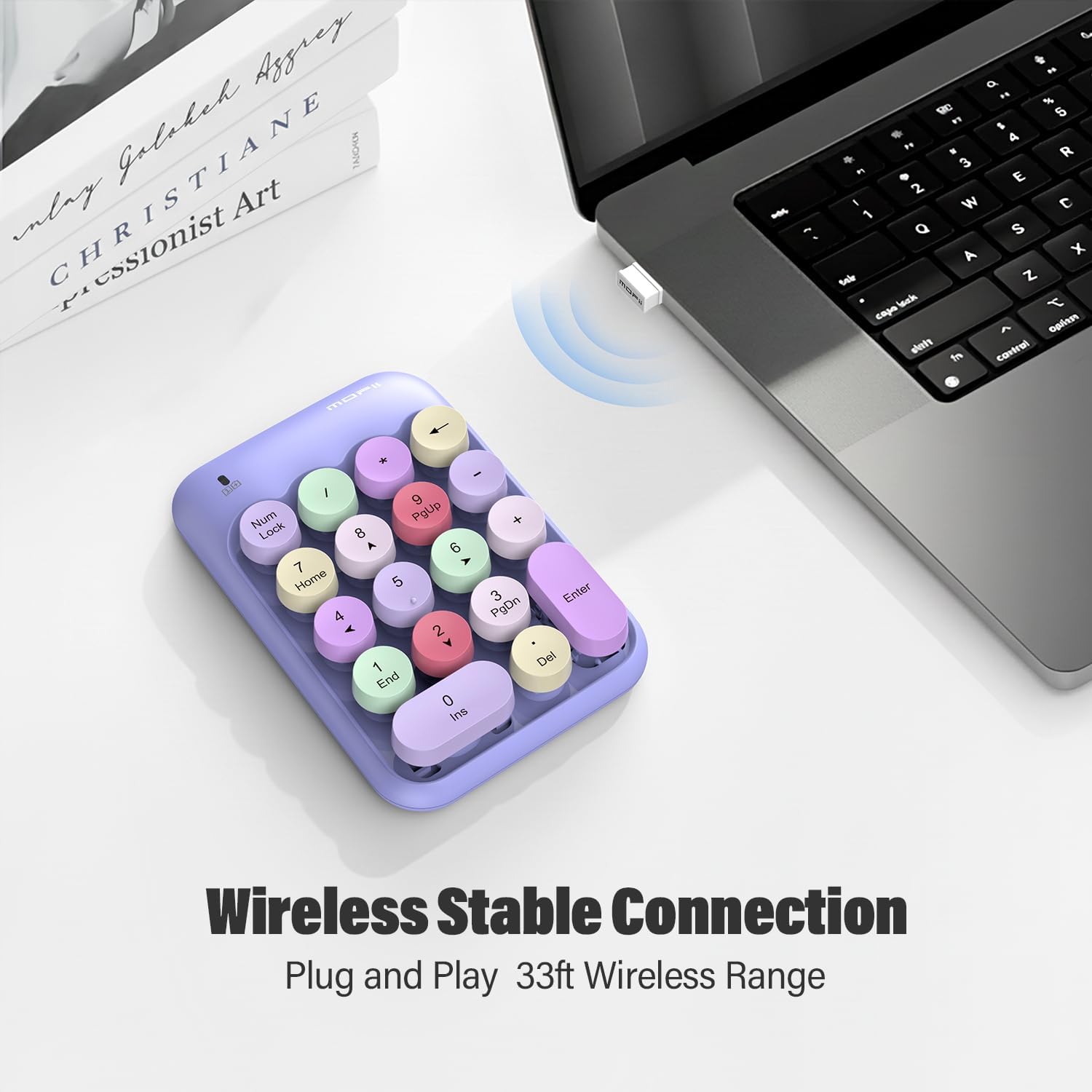 MOFII Cute Colorful Wireless Number Pad - 18 Keys, Portable 2.4 GHz with Stable Wireless Connectivity, 10-Key Financial Accounting Extension (Purple Colorful)