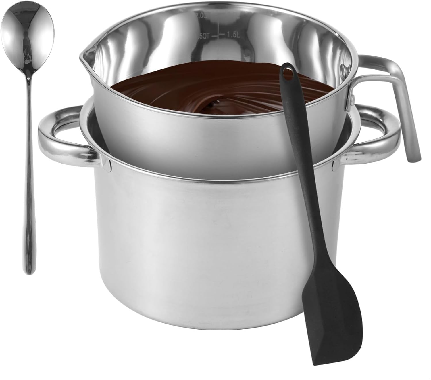 Double Boiler Pot Set, 2.0 Qt Stainless Steel Melting Bowl with Handle, Includes Silicone Spatula & Spoon