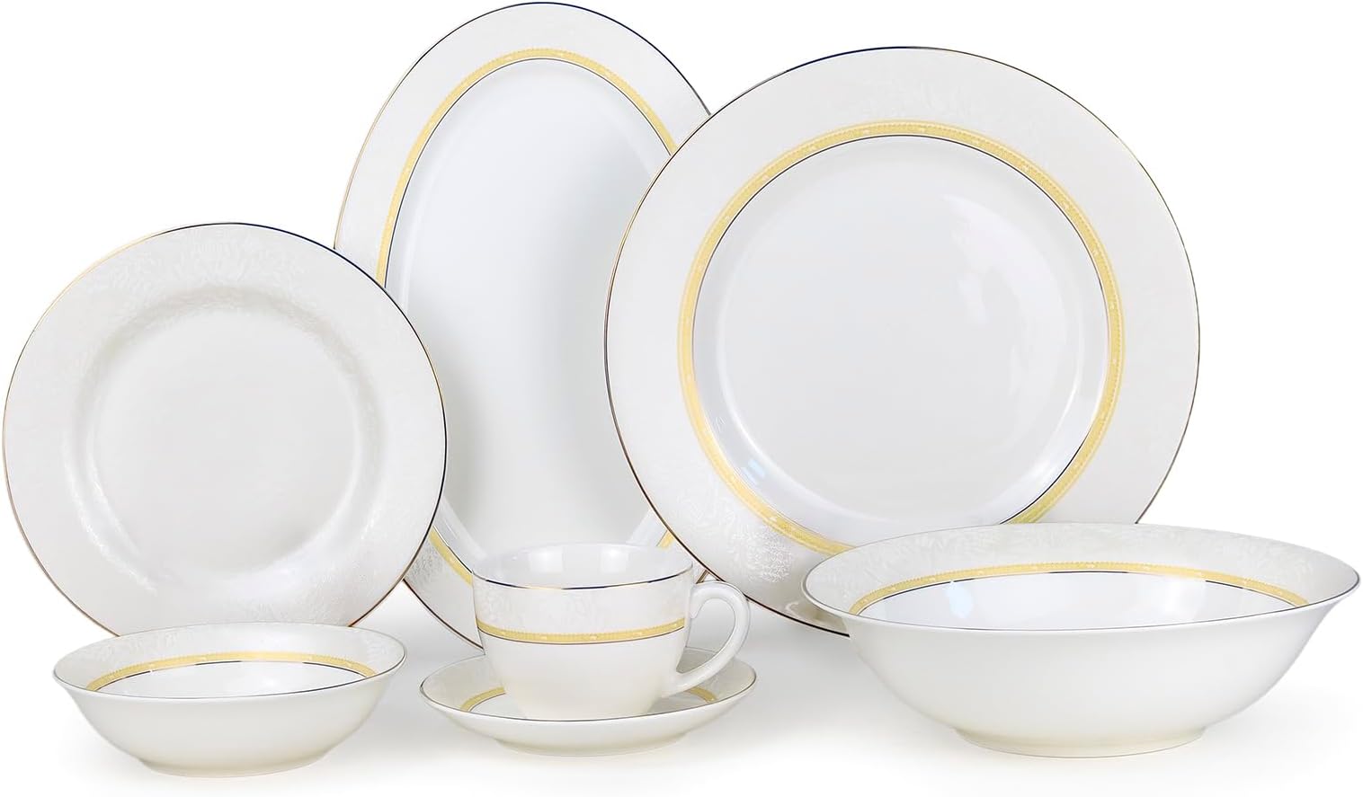 Shallow by Cuisine Art KIVA 32Pc Bone China Dinner Set|White & Gold Rim Dinnerware for Everyday Dining&Hosting|Plates,Bowls,Cups|Microwave & Dishwasher Safe Perfect for 6 Persons for Ramdan, Christmas