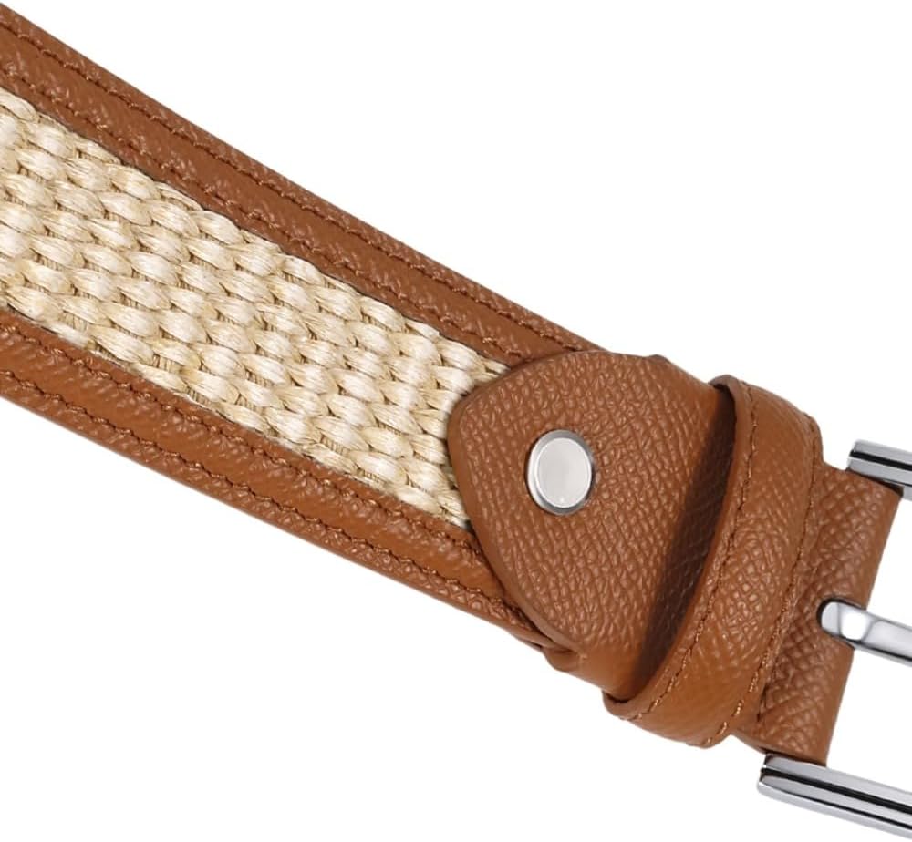 Dual-Material Leather & Hand-Woven Fabric Golf Belt – A Comfortable, Adjustable Belt with Silver Pin Buckle.