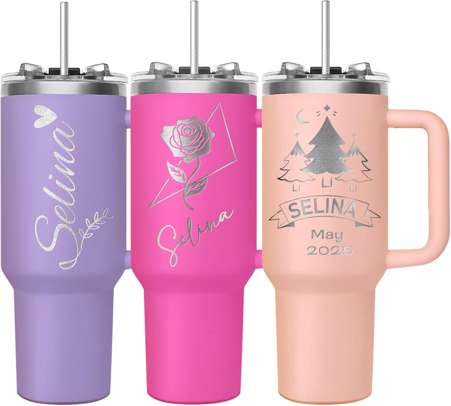 Made in USA - Personalized Tumbler 40oz with Handle and Straw - Custom Stainless Steel Travel Coffee Cup with Engraved Name Text - Personalized Birthday Gifts for Her, Mom, Friends (Purple-Women)