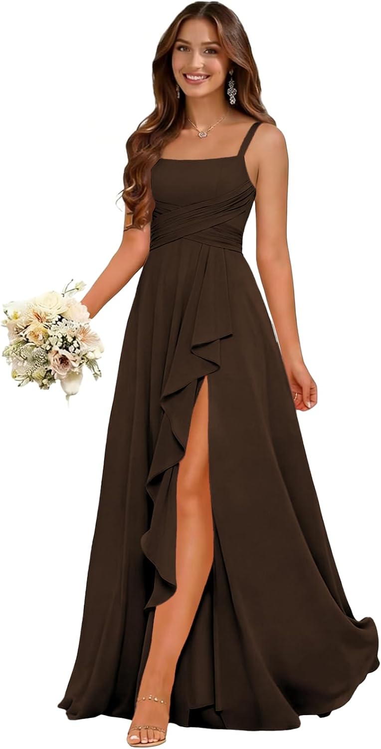 Square Neck Ruffle Bridesmaid Dresses for Women with Slit Pleated Chiffon Empire Waist Formal Evening Prom Gowns