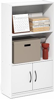 Furinno Gruen Book Shelf, 3-Tier Bookshelf, Bookcase with Open Shelf and 2 Doors Storage Cabinet, 9.3 x 21.8 x 39.5, for Organization and Storage, for Living Room, Bedroom, Home Office, White