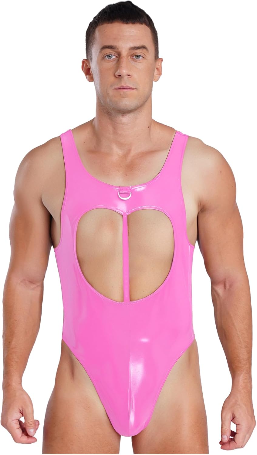 Mens Sleeveless Bodysuit Wet Look Leather Thong Leotard Bunny Rabbit Tail Catsuits