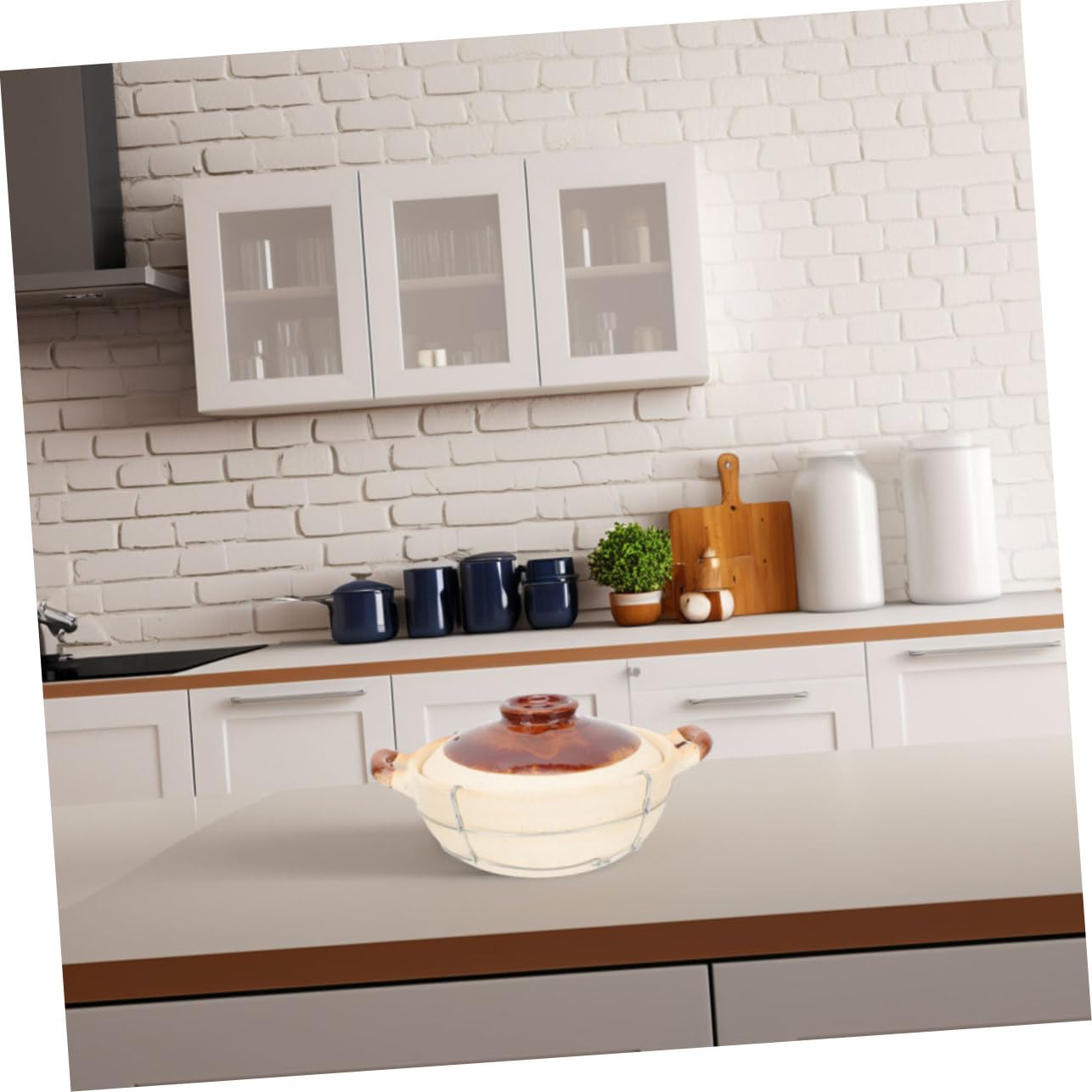 Olla de Barro con Asa para Cocinar, 2 Piezas Beige de Arcilla | Hierro Incluido Estructura, Diseño de Agarre Seguro y Resistente al Calor, para Sopas y Preparación Individual