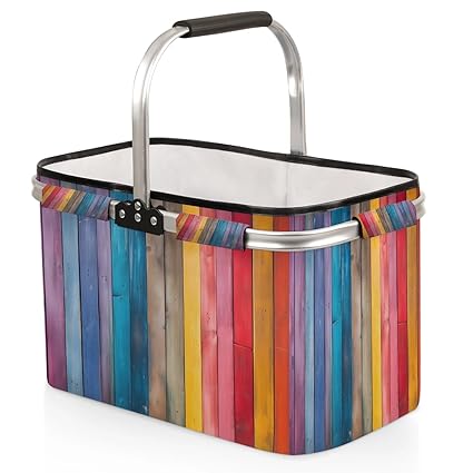 Kizmoglux Rainbow Wooden Board Collapsible Market Basket, Foldable Picnic Basket - Large Shopping Basket with Handles, Portable Folding Bag for Shopping Camping Picnic