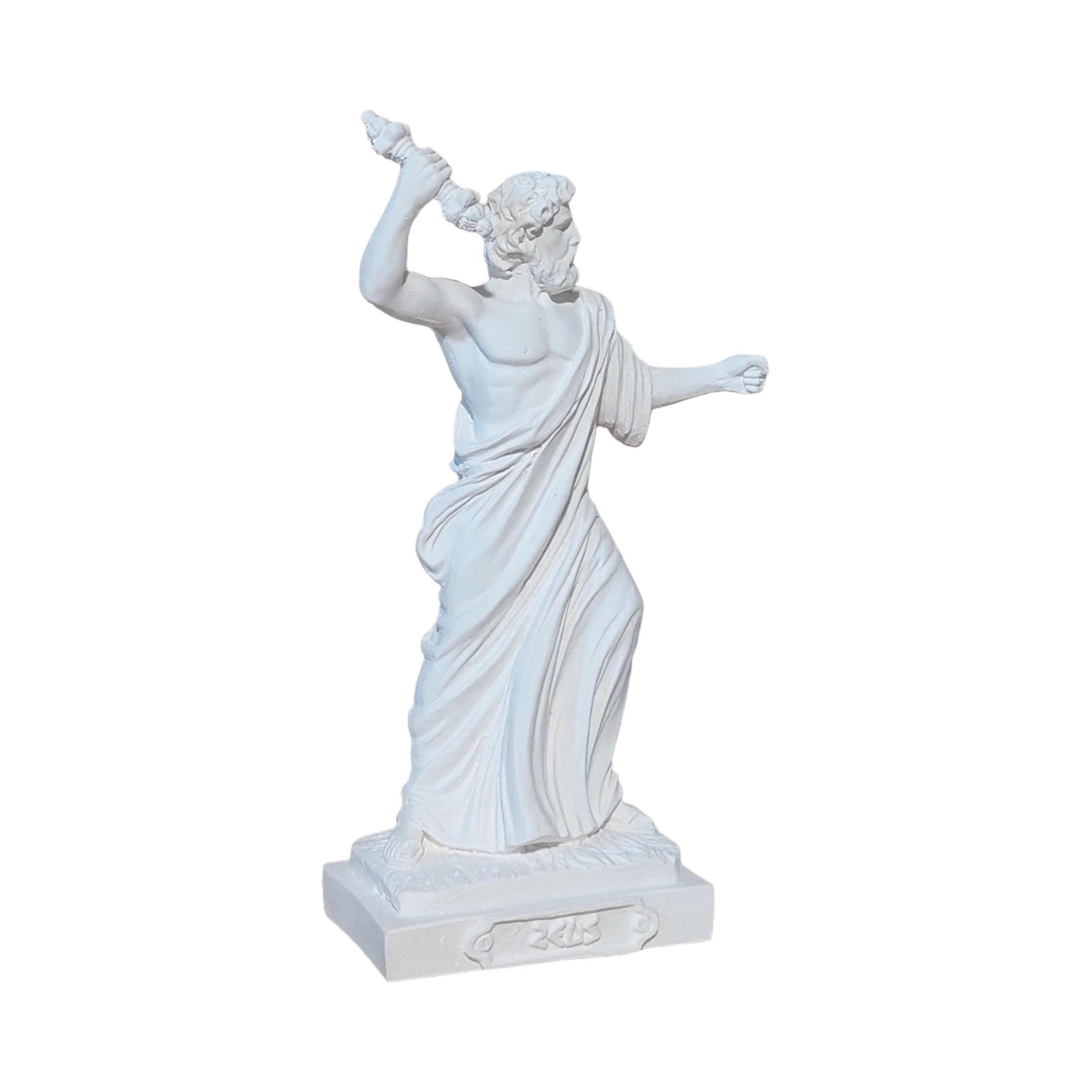Statua greca del dio Zeus che lancia fulmine in alabastro bianco