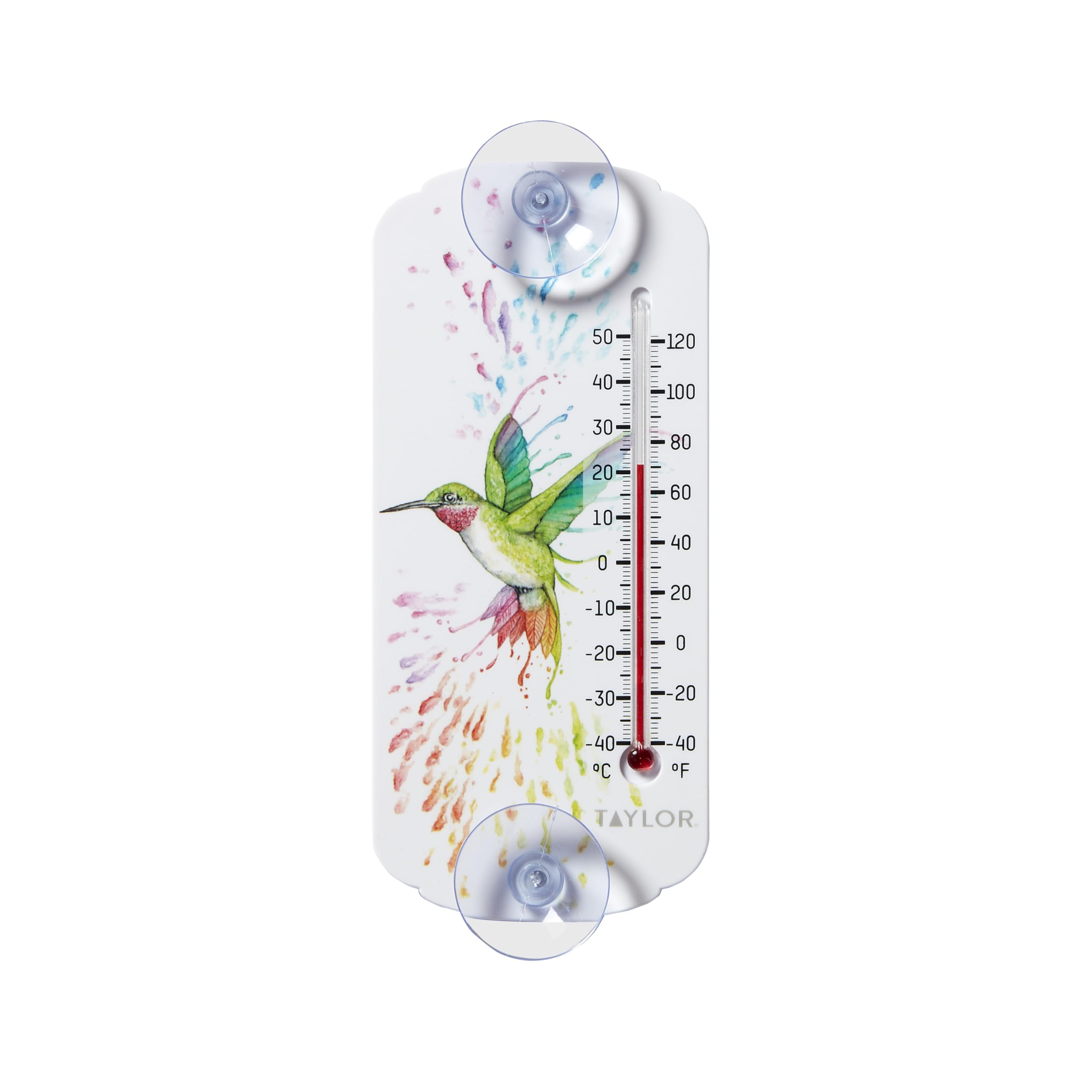 Taylor Rainbow Hummingbird Indoor Outdoor Suction Cup Thermometer, Decor for Patio, Pool, or Garage, Window Thermometer, 8-inch, Multi