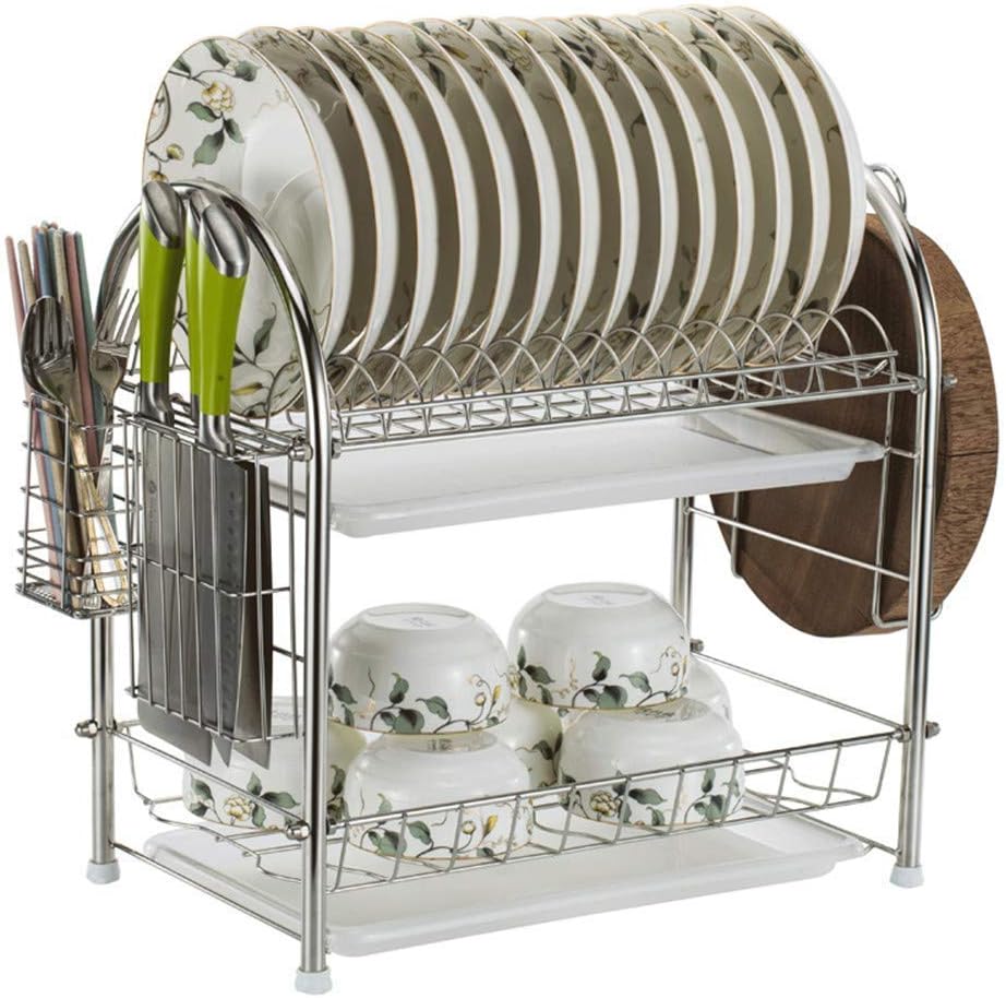 Dish Rack Drip Tray and Drain Cutlery Holder Stainless Steel 2 Tier Dish Drainer Dish Rack Dish Cup Drying Rack