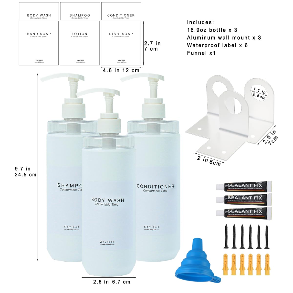 Shampoo and Conditioner Dispenser Set, 3 Plastic Bottles with Wall Mounts, Shower Soap Dispenser (PZP-White-3 Bottles 3 Wall Mounts)