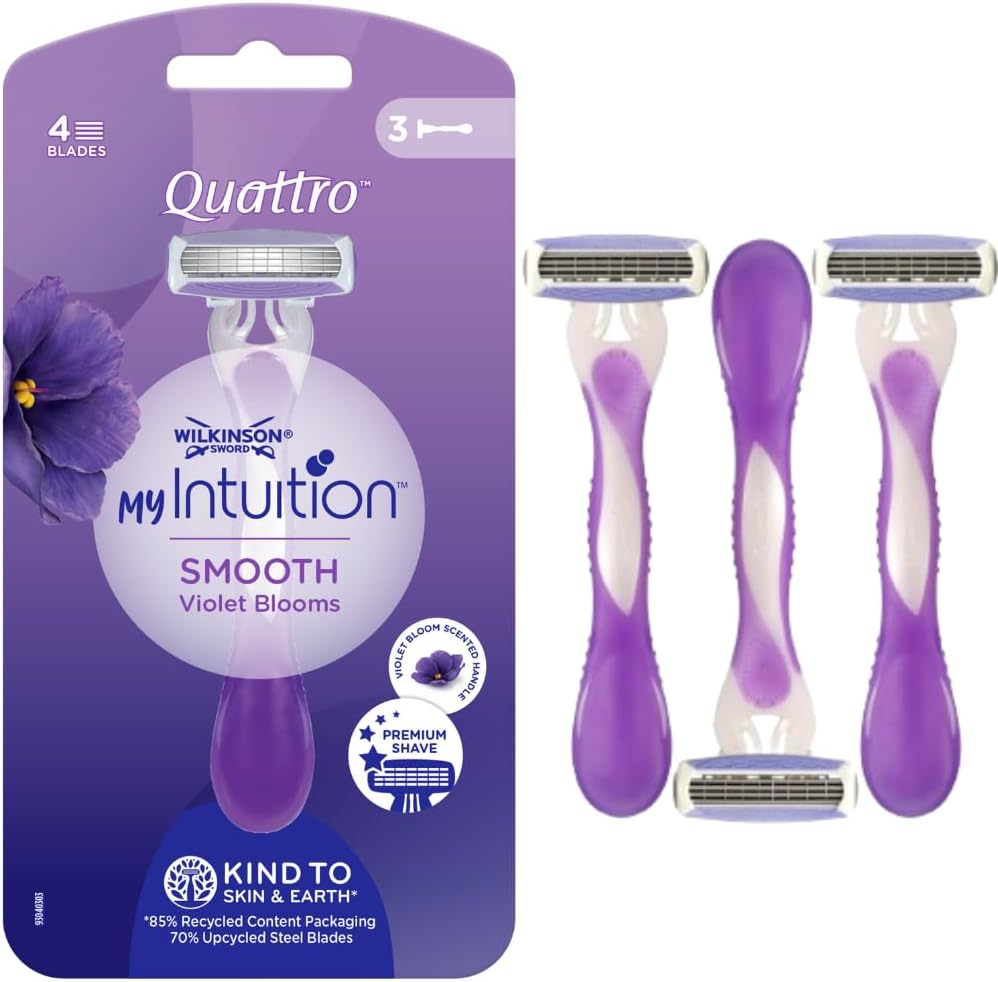 Wilkinson Sword Quattro My Intuition Smooth Violet Blooms – Maquinillas Desechables Depilatorias Femeninas de 4 Hojas Hidratantes – Afeitadoras de Depilación para Mujer Piel Sensible, 3 Unidades