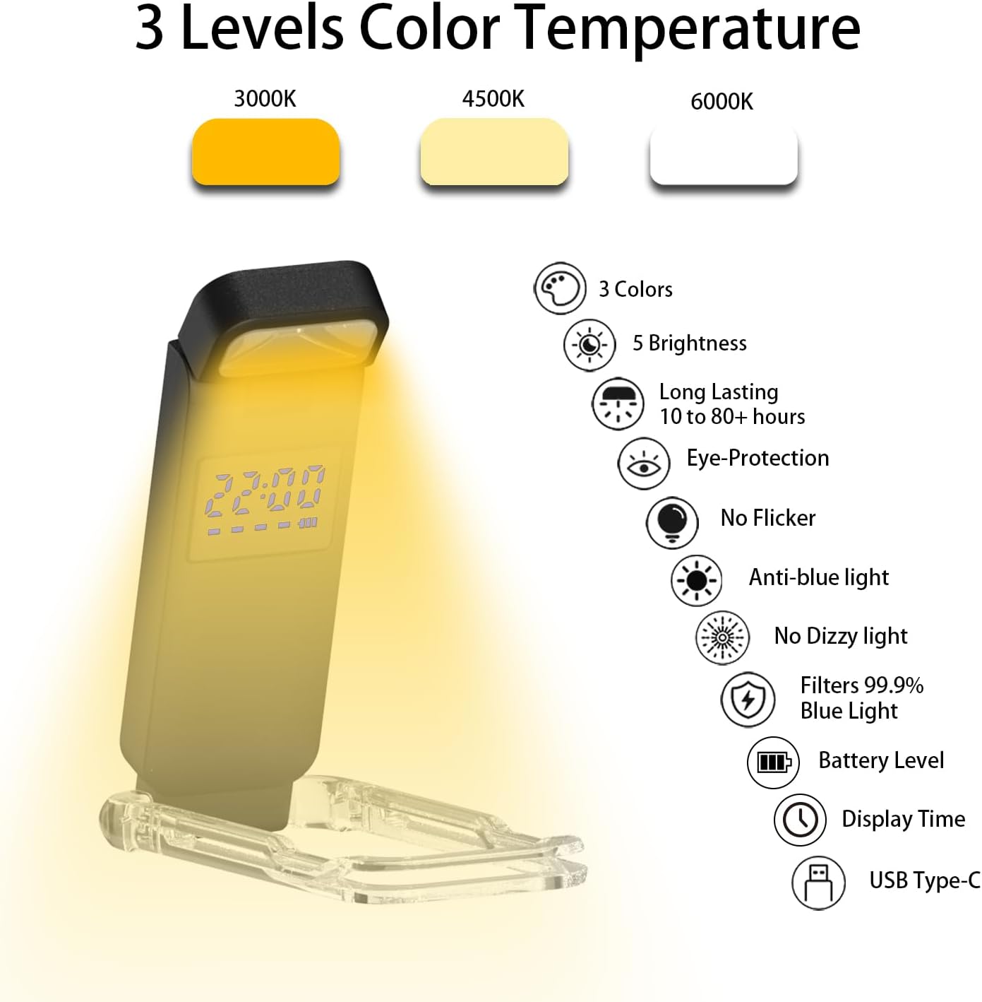SFV Digital Book Lights for Reading at Night, USB Rechargeable Reading Lights for Books in Bed Clip-on, 3 Colors & 5 Brightness Dimmable, Compact & 80H Long Lasting for Book Lovers, Kids, Black