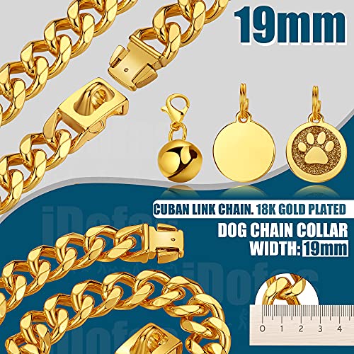 Image of Gold Dog Chain Collar 19mm Metal Chain Collar with Secure Buckle 18K Gold Cuban Link Dog Collar Heavy Duty for Medium Large Dogs.(16 inch)