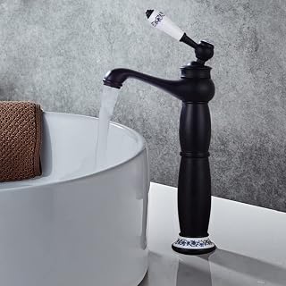 Antiguo Grifo de Lavabo de Latón para Baño, Mezclador Monomando, Armadura de Lavabo de Baño, Salida de Agua Alta 24 cm, Amatur Agua Fría y Caliente, Estilo Vintage de Casa de Campo, Negro
