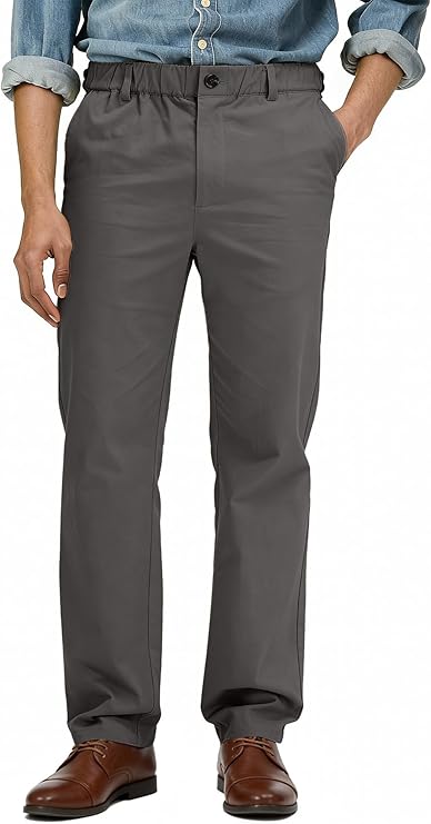 Comdecevis Men's Comfy Stretch Khaki Pants Relaxed Fit Cotton Chino Pants with Elastic Waist