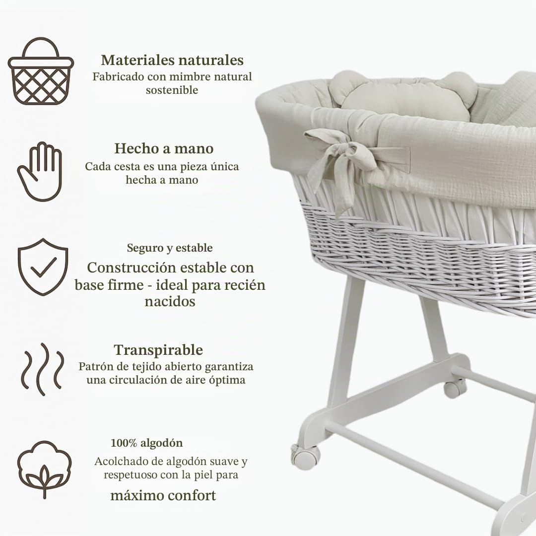 WIKLINOPOL Moisés Bebé con Ruedas y Freno – Cesta de Mimbre Natural con Colchón y Ropa de Cuna de Algodón 100% Oeko-Tex en Beige – Set Completo para Recién Nacidos – Modelo Amelia