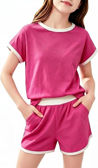 Girls 2 Piece Outfit Round Neck Color Block Short Sleeve Pocket Shorts Set | Summer Casual Athletic Sports Set For Girls 7-14Years
