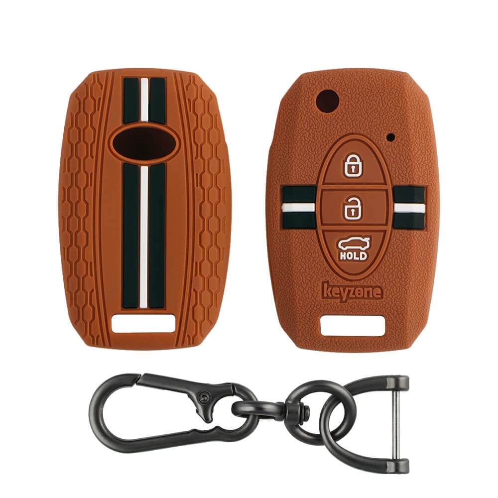 Keyzone® Striped Silicone Key Cover Compatible for Seltos, Sonet, Carens 3 Button flip Key (Brown with Zinc Alloy)