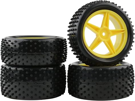 1/10 Buggy Tires & Wheels - Front 34mm Rear 41mm Off-Road Tires with 12mm Hex Yellow Rims, Compatible with Traxxas Bandit VXL, Redcat Tornado, Tamiya