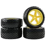 Rchobbytop 1/10 Buggy Tires & Wheels - Front 34mm Rear 41mm Off-Road Tires with 12mm Hex Yellow Rims, Compatible with Traxxas Bandit VXL, Redcat Tornado, Tamiya