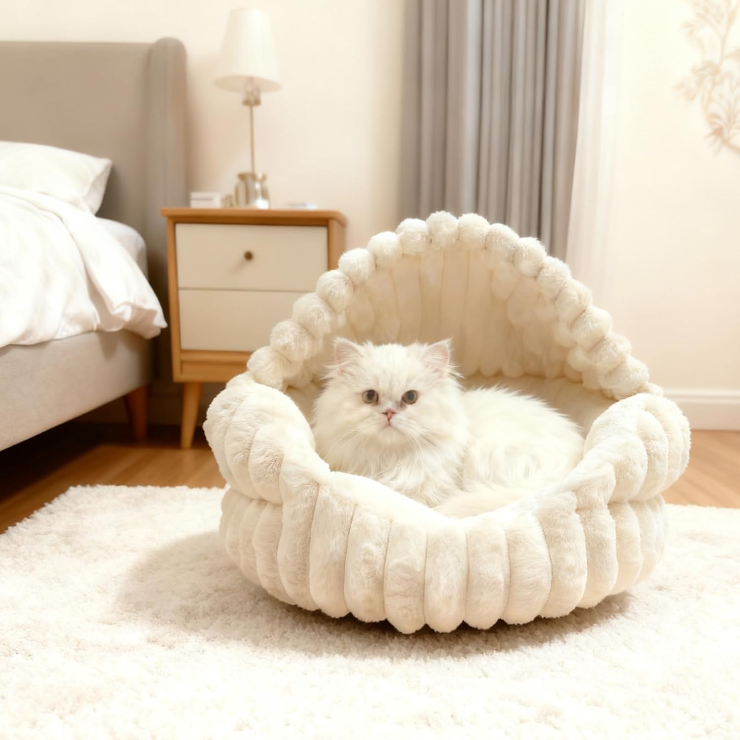 Hooded Cat Beds for Indoor Cats，Cozy Dog Cave Bed,Cozy Nook Dog Bed for Small Dogs,Anti-Slip Puppy Bed Fits up to 22 lbs for Dogs or Cats(White Stripe, Medium)