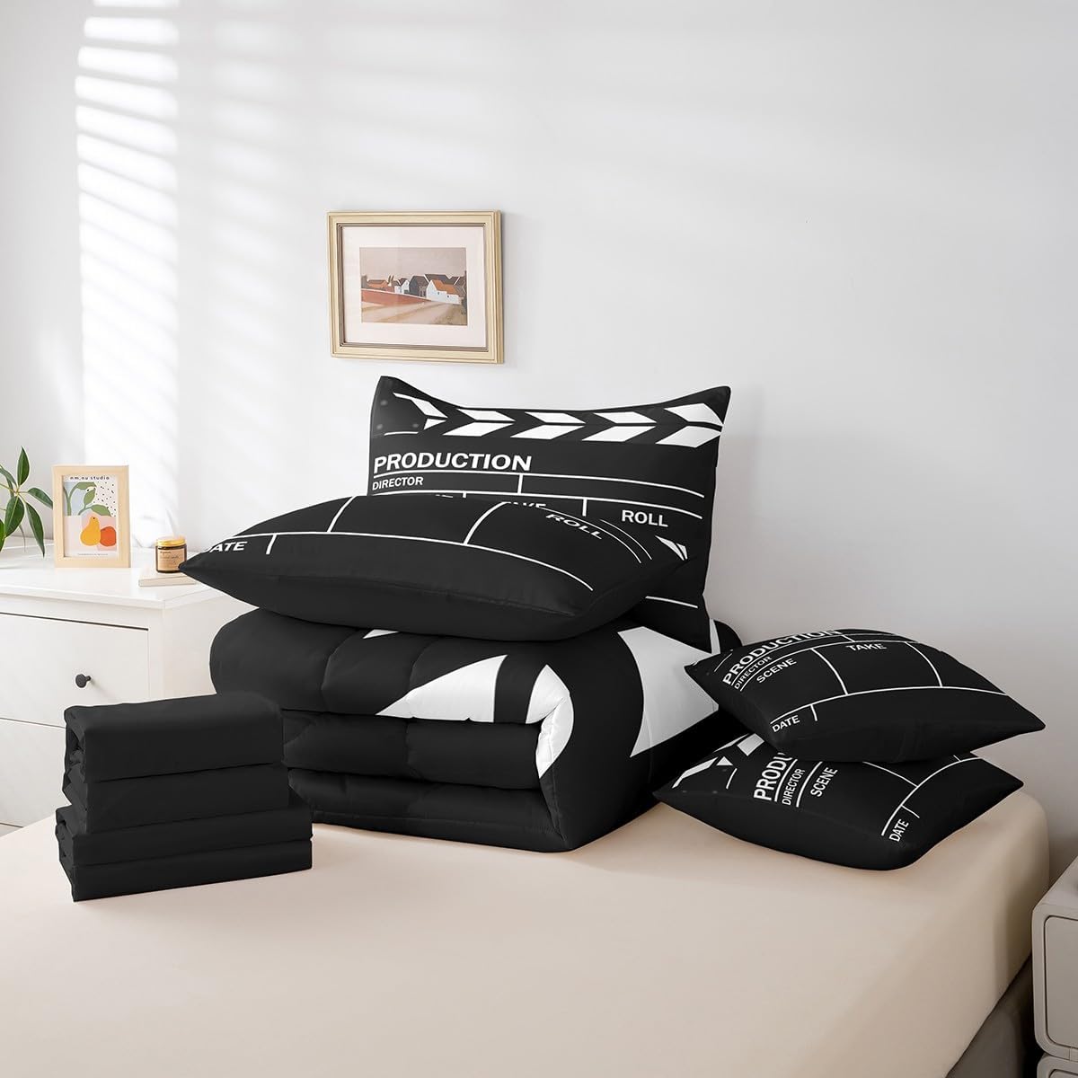 7 Pieces Movie Clapboard Comforter Set for Kids Black and White Bedding Set Queen Size,Movie Theater Film Comforter for Boys Girls Adult Vintage Cinema Super Soft Fade Resistant Microfiber Bedding