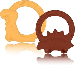 2 Packs Baby Teether Silicone Teething Toys for Babies 0-6 Months with Dinosaur Shape 6 to 12 Months Infant Newborn Essentials Must Haves for Teething Relief Chew,Ideal Baby Shower Gifts for Moms B2