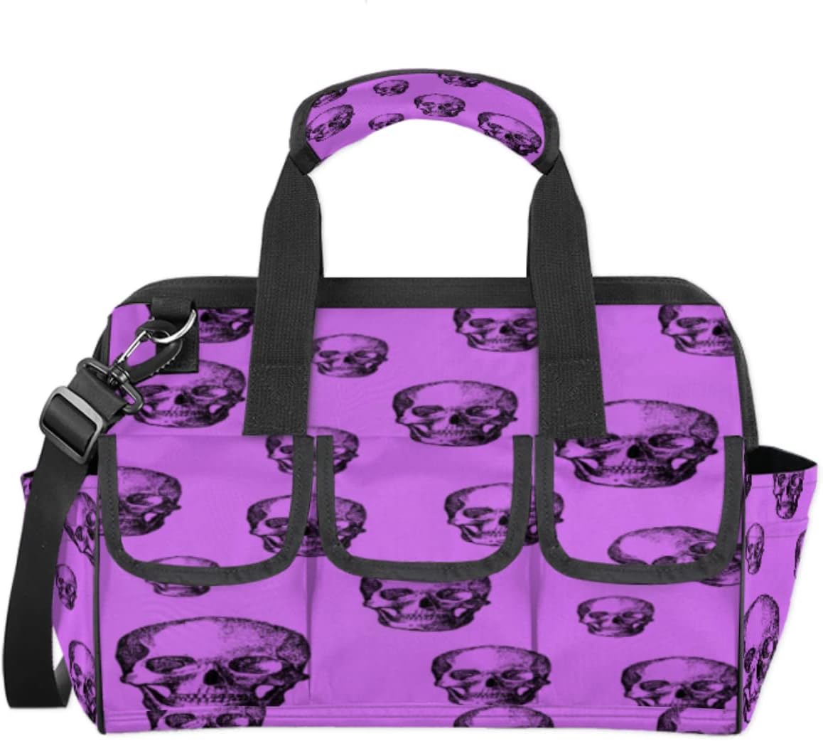 Skull Purple Tool Bag for Men Women Heavy Duty Multi-Pockets Wide Mouth Tool Tote Waterproof Tool Bag Organizer with Adjustable Shoulder Strap