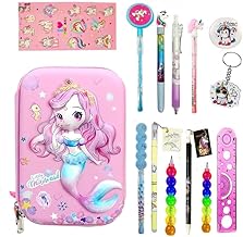 3D Big Pencil Pouch with 14pcs Unicorn Theme School Stationery for Girls Designer Fancy Compass Box for Kids Birthday Return Git, Party Favors Rakhi Gifts for Sisters Complete Stationeries (Mermaid)