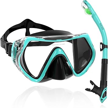 WACOOL Professional Snorkeling Snorkel Diving Scuba Package Set with Anti-Fog Coated Glass Purge Valve and Anti-Splash Silicon Mouth Piece for Men Women Kids,Malachite Green