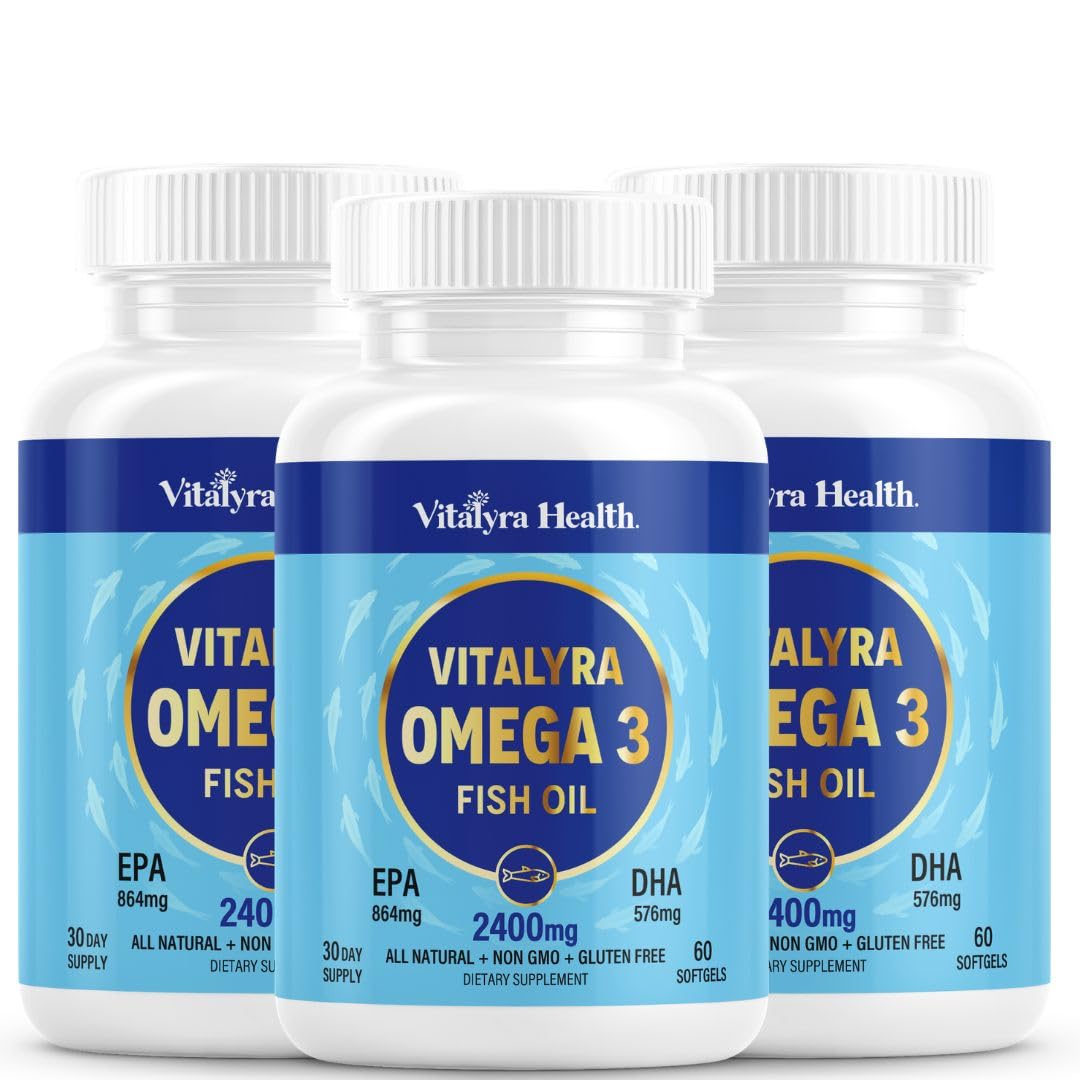 Vitalyra Health Ômega-3 Óleo de Peixe 2400 mg, 864 mg EPA e 576 mg DHA, 180 cápsulas (pacote com 3)