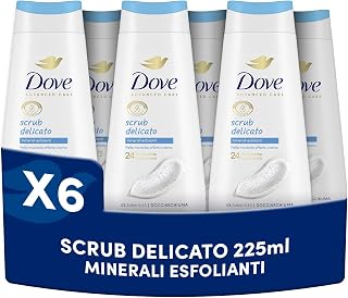 Dove Bagnoschiuma Scrub Delicato, Bagnodoccia Idratante, Formula Delicata sul Microbioma della Pelle, con Agenti Idratanti Vegetali, Senza Solfati SLES, Bagnodoccia Uomo e Donna, 6 Pezzi da 225 ml