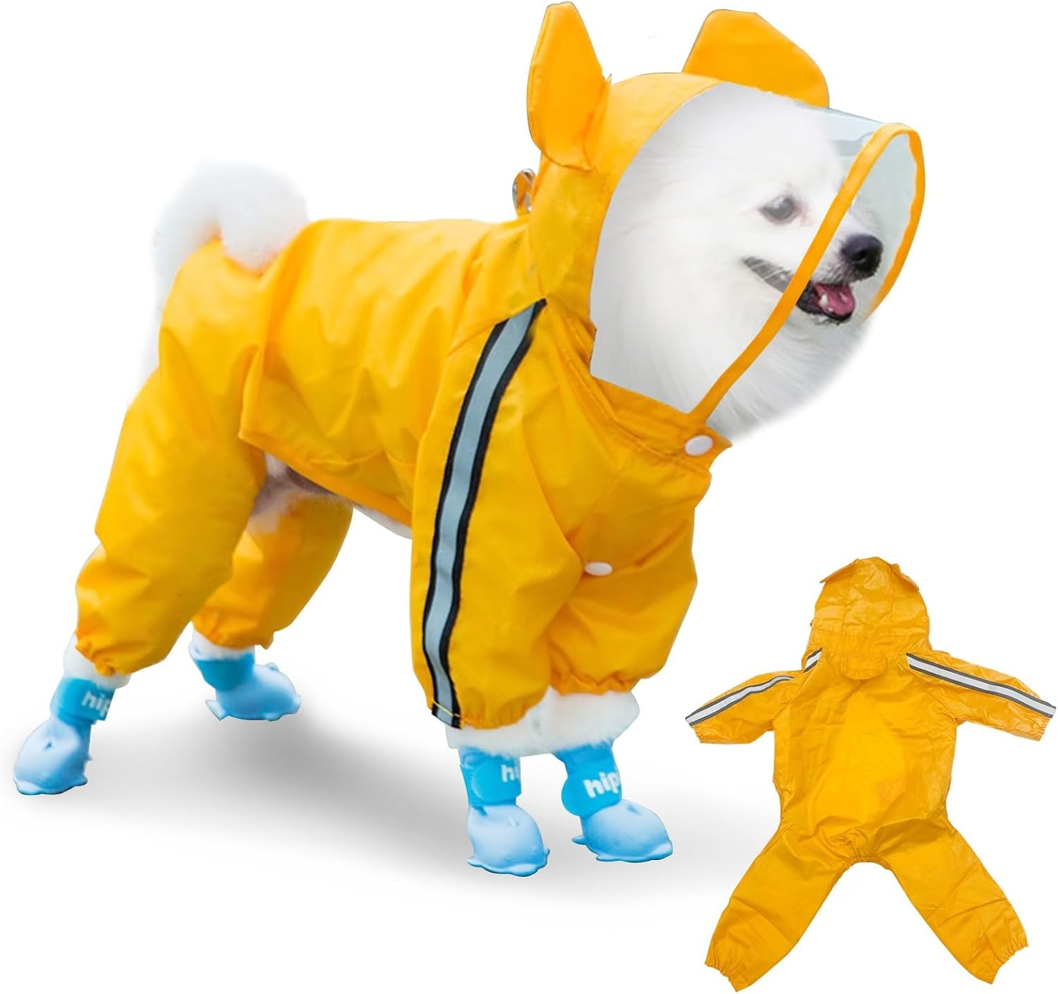 Dog Raincoats Rain Snow Coats Waterproof Clothing (4 Four Legs) Raincoat Full Cover Dogs Hooded Transparent (with Decorative Hooded Ears) (Yellow, 16,) 4