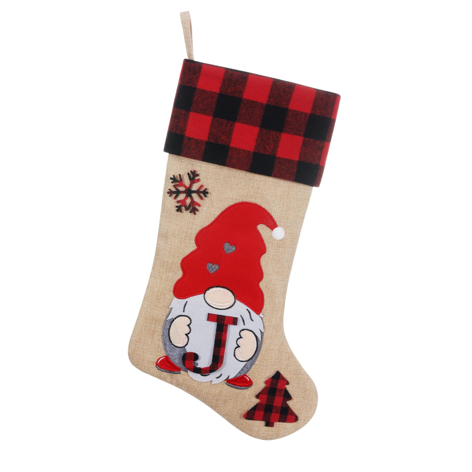 SIRIPHUM 19.5 inch Initial Monogram Christmas Stocking,Personalized Burlap Farmhouse Christmas Stocking, Embroidered Gnome Santa, Holiday Xmas Season Decor(Letter J)