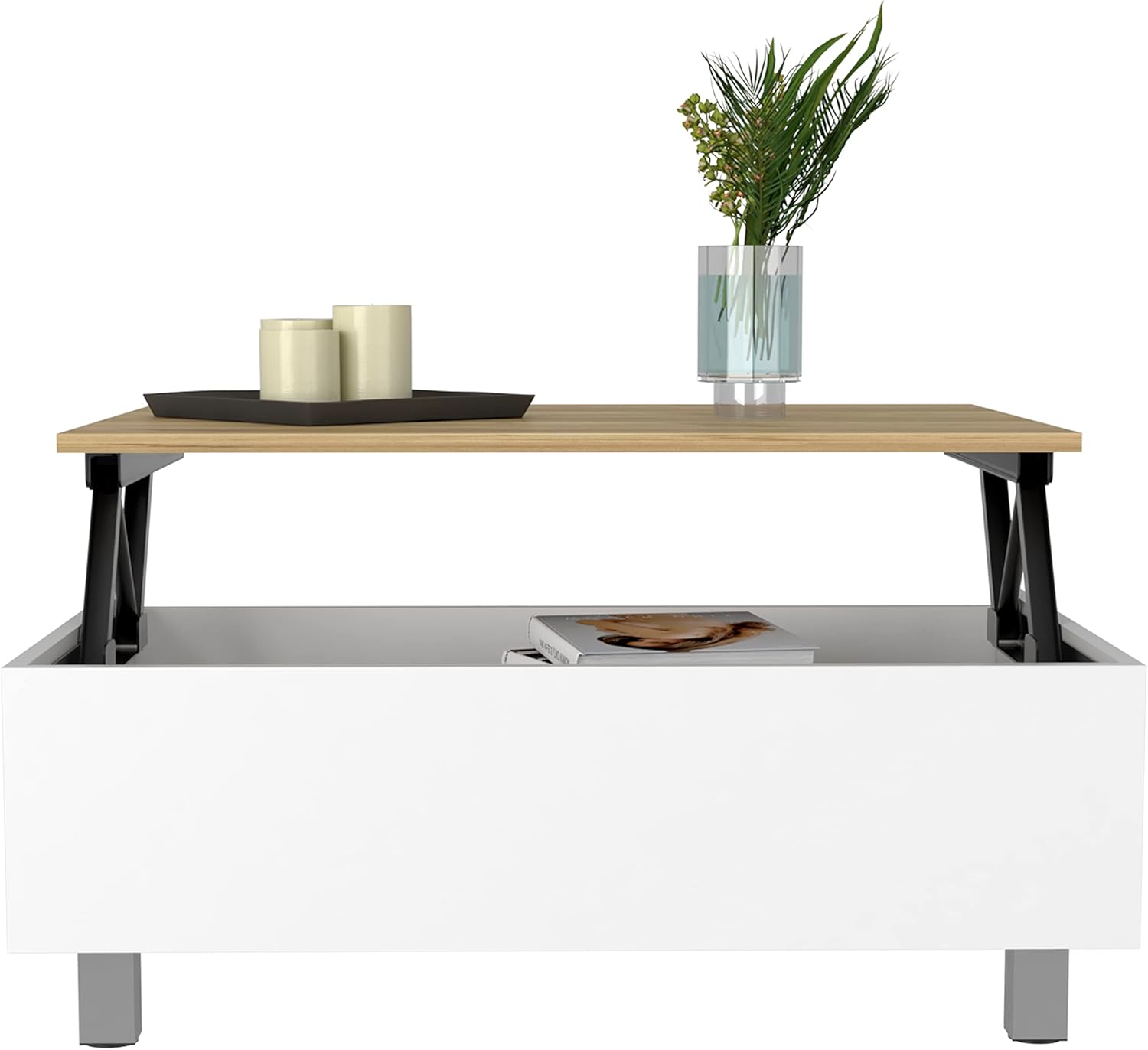 Rectangular Rustic Lift-Top Coffee Table - Farmhouse End Table with Door and Open Shelf, Rustic Tea Table, Side Table for Bedroom, Living Room (White/Light Oak)