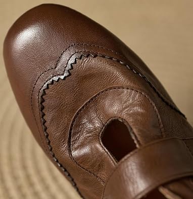 Mary Jane Flats with Buckle Strap Round Toe Genuine Leather Wingtip Casual Ballet Flats Women's Shoes