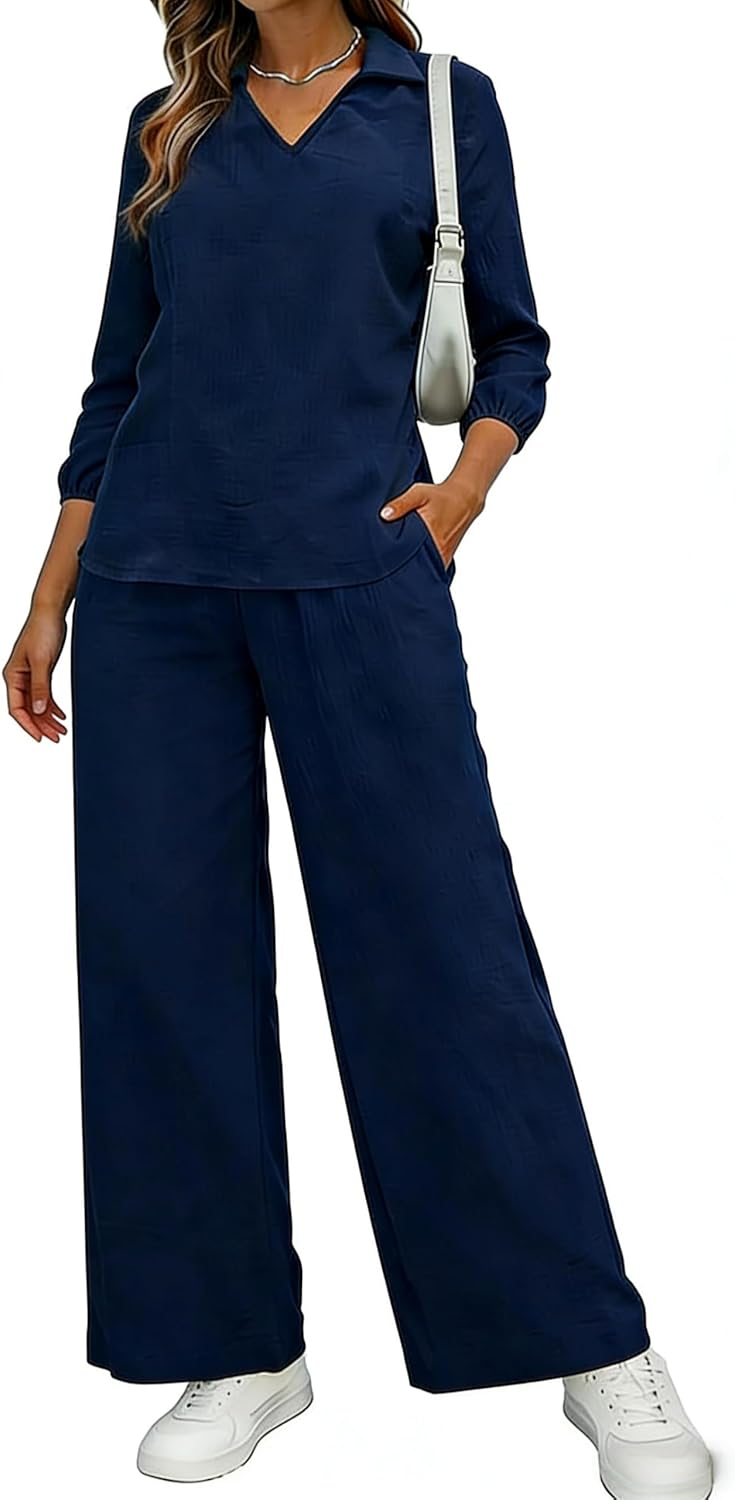 LOVESHOOT Women Lounge Sets 2 Piece Outfits Summer Casual 3/4 Sleeve V Neck Pullover Top Wide Leg Pants Matching Sets