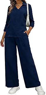 Women Lounge Sets 2 Piece Outfits Summer Casual 3/4 Sleeve V Neck Pullover Top Wide Leg Pants Matching Sets